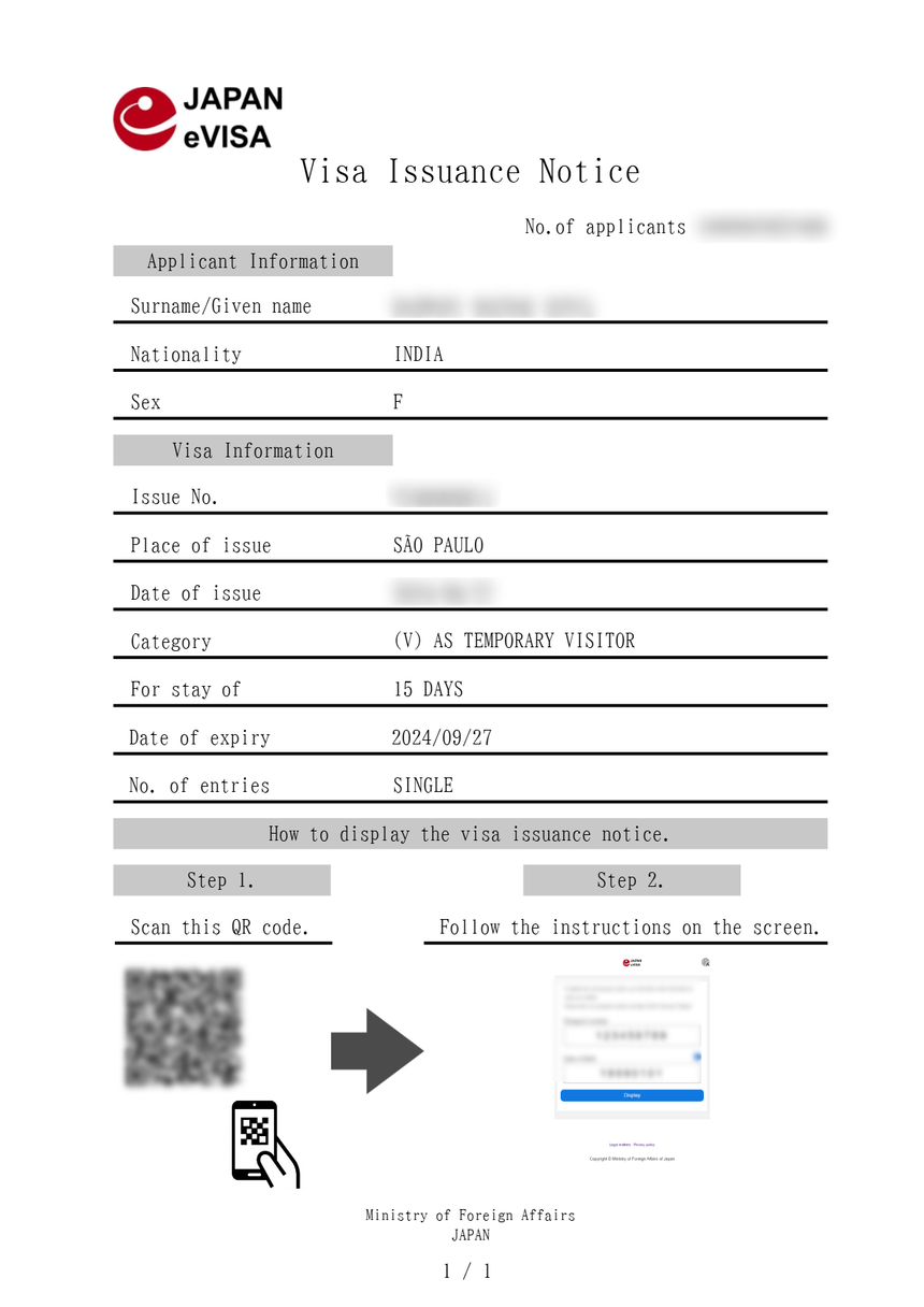 Sample Japan eVisa Visa Issuance Notice